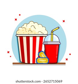 Movie Night Popcorn, Drink, and Tickets for a Cinema Experience Vector Illustration Flat Design