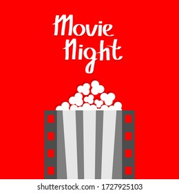 Movie night. Popcorn. Film strip line. Pop corn box. Cinema icon. Poster template. Flat design style. Isolated. Red background. Vector illustration