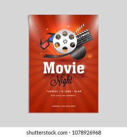 Movie night poster, banner or flyer design with showreel, 3D glasses, and clapboard on red background.