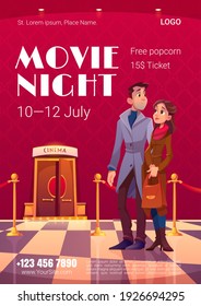 Movie night poster. Cinema festival, night event in movie theater. Vector flyer with cartoon illustration of people in cinema hall with open doors and red rope fence