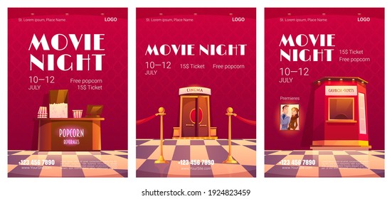 Movie night posters. Cinema festival, night event in movie theater. Vector flyers with cartoon illustration of luxury cinema interior with tickets cashbox, popcorn shop, doors and red rope fence