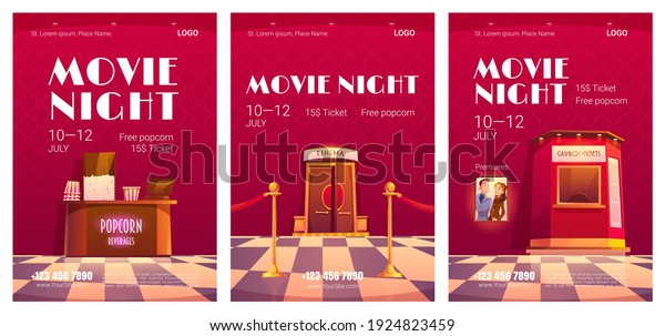 Movie night posters. Cinema festival, night event
in movie theater. Vector flyers with cartoon illustration of luxury
cinema interior with tickets cashbox, popcorn shop, doors and red
rope fence