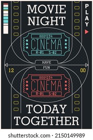 Movie night. Ready poster for the cinema. Trendy retro futuristic graphics style and design elements. Vector illustration
