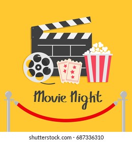 Movie night. Red rope barrier stanchions turnstile facecontrol Open clapper board reel Popcorn box Ticket Admit one Three star Cinema icon set. Flat design style Yellow background. Vector illustration