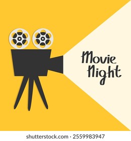 Movie night. Retro Cinema projector with light. Vintage film camera reel. , Poster, invitation, flyer template. Simple flat design. Yellow background. Isolated. Vector illustration