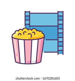 Movie night RGB color icon. Theater show evening. Watch film in cinema. Popcorn in box. Tape reel. Television and entertainment symbol. Snack for leisure. Isolated vector illustration