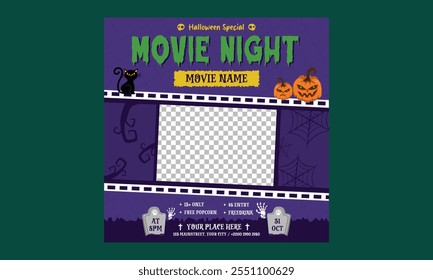Movie Night Socials Media. Creative flat blue, orange, purple cards. Creepy, scary, spooky night concept. Vector template