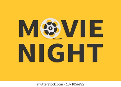 Movie Night Text Word. Film Movie Reel. I Love Cinema Icon. Film Festival Banner Flyer Poster Invitation Template. Flat Design Style. Yellow Background. Isolated. Vector Illustration