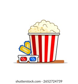 Noite de filmes trata pipoca, ingressos e óculos 3D ilustração vetor design plano