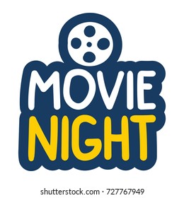 Movie night. Vector hand drawn badge, label, sticker with icon illustration on white background.
