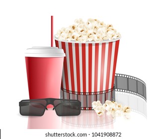 Movie objects. Popcorn, soda takeaway, 3d cinema glasses. Cinema design in realistic style. Vector illustration.