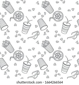 Movie Objects Seamless Pattern. Popcorn, Movie Theater Glasses, Reel Of Film, Carbonated Drink. Vector Black Outline Isolated On A White Background.