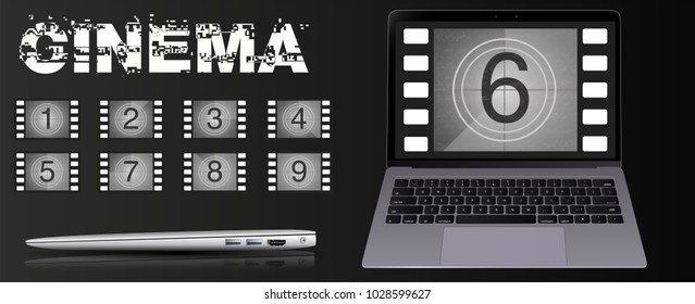 The movie on the laptop. Movie countdown numbers vector set. The countdown to the start of the old film.