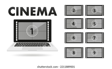 Movie On Laptop. Movie Countdown Numbers Vector Set. Countdown To The Beginning Of The Old Movie. Vector Illustration