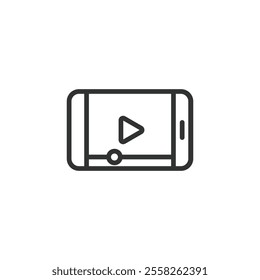 Movie on phone, icon in line design. Movie, phone, video, streaming, cinema, mobile, screen on white background vector. Movie on phone editable stroke icon