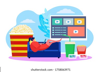 Movie online concept, vector illustration. Woman charcater watch film at home on sofa, video entertainment technology. Flat tv screen, popcorn, dirnks and 3d glasses. Evening relax in room.