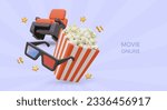 Movie online. Watching movie in comfortable conditions. Cinema chair, popcorn, anaglyph glasses. Concept with 3D illustration. Snacks and entertainment. Color banner on background with rays