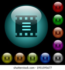 Movie options icons in color illuminated spherical glass buttons on black background. Can be used to black or dark templates