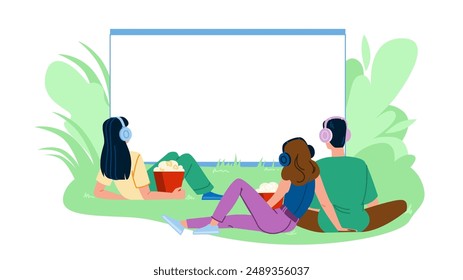 Film-Outdoor-Kino-Vektorgrafik. Außenleinwand, Nachttheater, Schauen Air-Film-Outdoor-Kino-Charakter. Menschen flache Cartoon-Illustration