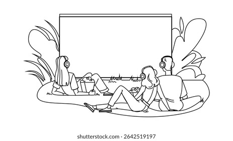 cinema ao ar livre filme vetor. tela exterior, cinema noturno, assistindo filme ao ar livre personagem cinema. pessoas linha preta lápis desenho ilustração
