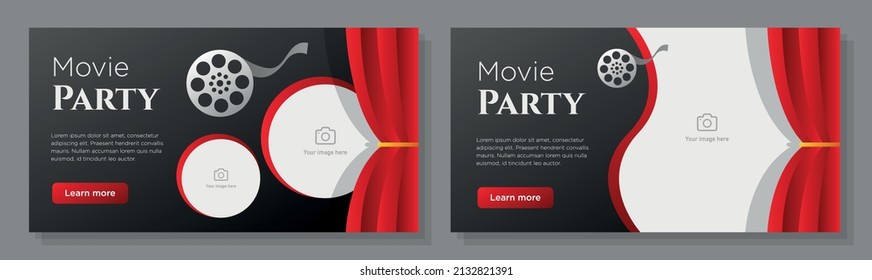 Movie party online banner template set, cinema theater advertisement, horizontal ad, classic film roll, curtain campaign webpage, flyer, creative brochure, isolated on background.
