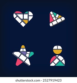 Movie photo collage logo design in unique colorful heart, play, profile and asterisk form. Simple geometric corporate identity design.
