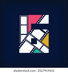 Movie photo collage logo design in modern number 6 sign form. Simple geometric corporate identity design.