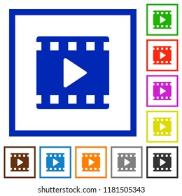 Movie play flat color icons in square frames on white background