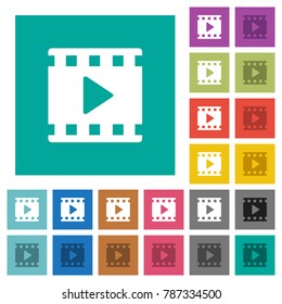 Movie play multi colored flat icons on plain square backgrounds. Included white and darker icon variations for hover or active effects.