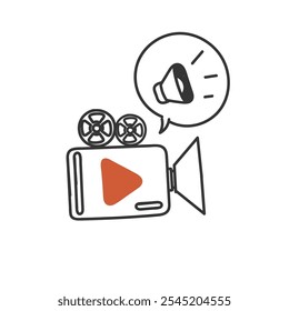 reprodução de filme e ícone de alto-falante ilustração relacionada no estilo de desenho de desenho de doodle cartoon