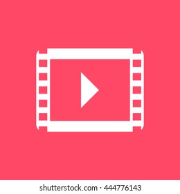 Movie Play white icon on magenta color background. Eps-10.