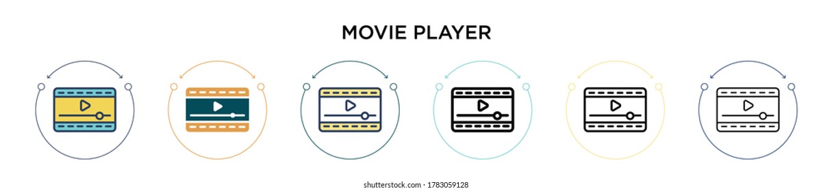 Movie player icon in filled, thin line, outline and stroke style. Vector illustration of two colored and black movie player vector icons designs can be used for mobile, ui, web