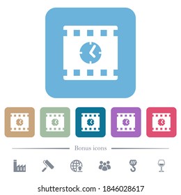 Movie playing time white flat icons on color rounded square backgrounds. 6 bonus icons included