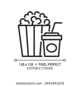 Movie popcorn bucket pixel perfect linear icon. Cinema snack, theatre treats. Junk food, striped box. Thin line illustration. Contour symbol. Vector outline drawing. Editable stroke