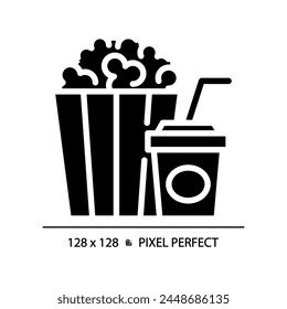Movie popcorn bucket pixel perfect black glyph icon. Cinema snack, theatre treats. Junk food, striped box. Silhouette symbol on white space. Solid pictogram. Vector isolated illustration