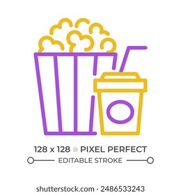 Movie popcorn bucket pixel perfect two color line icon. Cinema snack, theatre treats. Junk food, striped box bicolor outline symbol. Duotone linear pictogram. Isolated illustration. Editable stroke