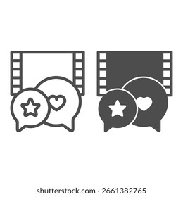Linha de revisão positiva de filme e ícone sólido, conceito de revisão positiva. Gráficos vetoriais. Filme bolhas pop-up com sinal de estrela e forma de coração no fundo branco, ícone de estilo de contorno para design móvel ou web