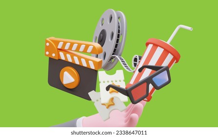 Movie poster. Accessories and symbols of cinematography. Time to watch movie. 3D color vector illustration with floating objects. Entertainment and snacks