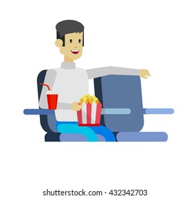 movie poster or banner template, popcorn, 3D glasses, concept banner. Cinema hall. Cute vector character MEN