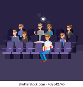movie poster or banner template, popcorn, 3D glasses, concept banner. Cinema hall. Cute vector character people