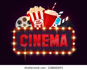 Movie poster. Cinema banner with popcorn, soda, clapperboard. Glowing cinema banner. Vector illustration. 