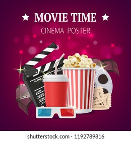 Movie poster. Cinema placard design template with film production vector symbols tape stereo glasses popcorn clapperboards. Illustratation of movie banner, cinema time