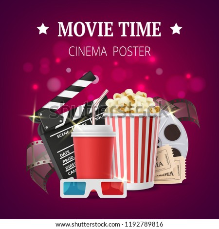 Movie poster. Cinema placard design template with film production vector symbols tape stereo glasses popcorn clapperboards. Illustratation of movie banner, cinema time