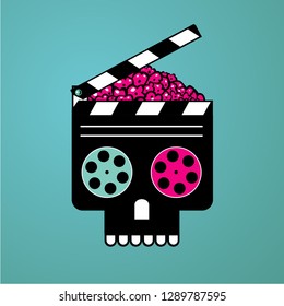 Movie poster with clapper and zombie head. Cinema vector illustration. Horror video film concept.