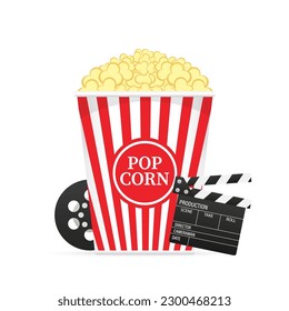 Movie poster concept. Composition with popcorn, clapper board and filmstrip. Cinema banner design for cinema. Movie time. Vector illustration