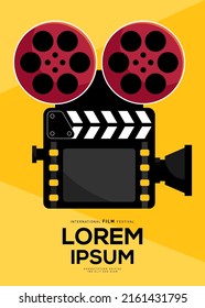 Movie poster design template background with vintage film camera. Can be used for backdrop, banner, brochure, leaflet, flyer, print, publication, vector illustration