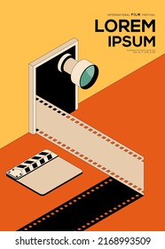 Movie poster design template background with vintage film camera. Can be used for backdrop, banner, brochure, leaflet, flyer, print, publication, vector illustration