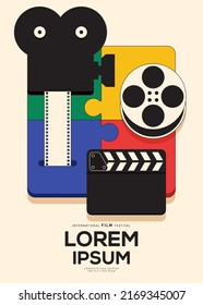 Movie poster design template background with vintage film objects. Can be used for backdrop, banner, brochure, leaflet, flyer, print, publication, vector illustration