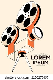Movie poster design template background with vintage film camera. Can be used for backdrop, banner, brochure, leaflet, flyer, print, publication, vector illustration