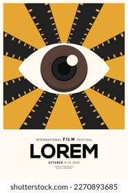 Movie poster design template background with vintage film camera. Can be used for backdrop, banner, brochure, leaflet, flyer, print, publication, vector illustration